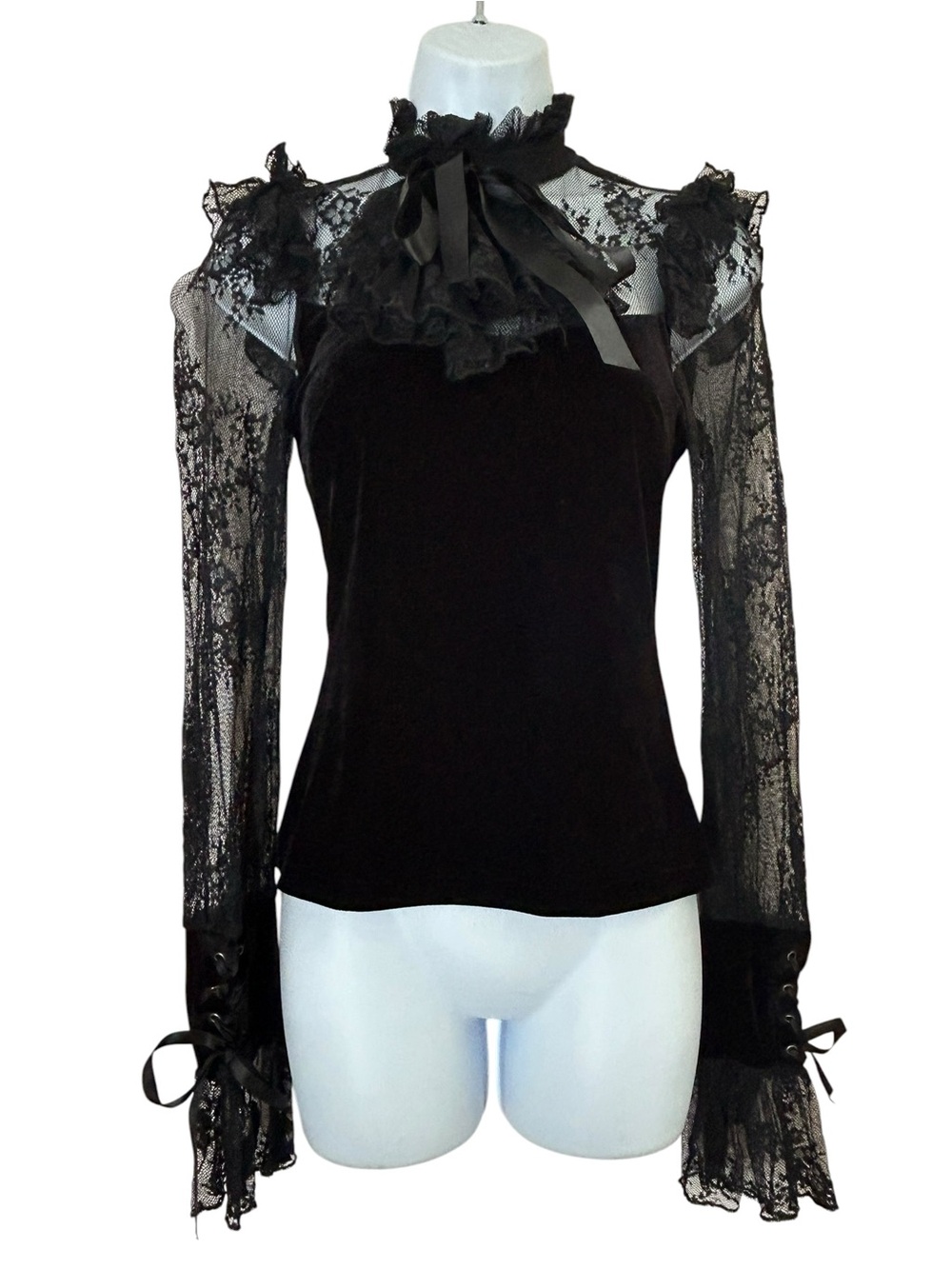 Killstar Amber Black Velvet Lace Tie High Ruffle Neck Top XS Goth Victorian